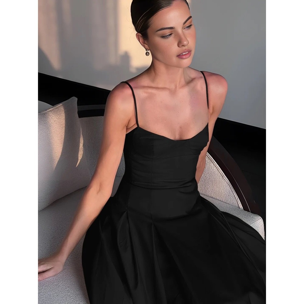 Commense Black Maxi Dress Spaghetti Strap Sleeveless A Line Cocktail Size M - Picture 3 of 10
